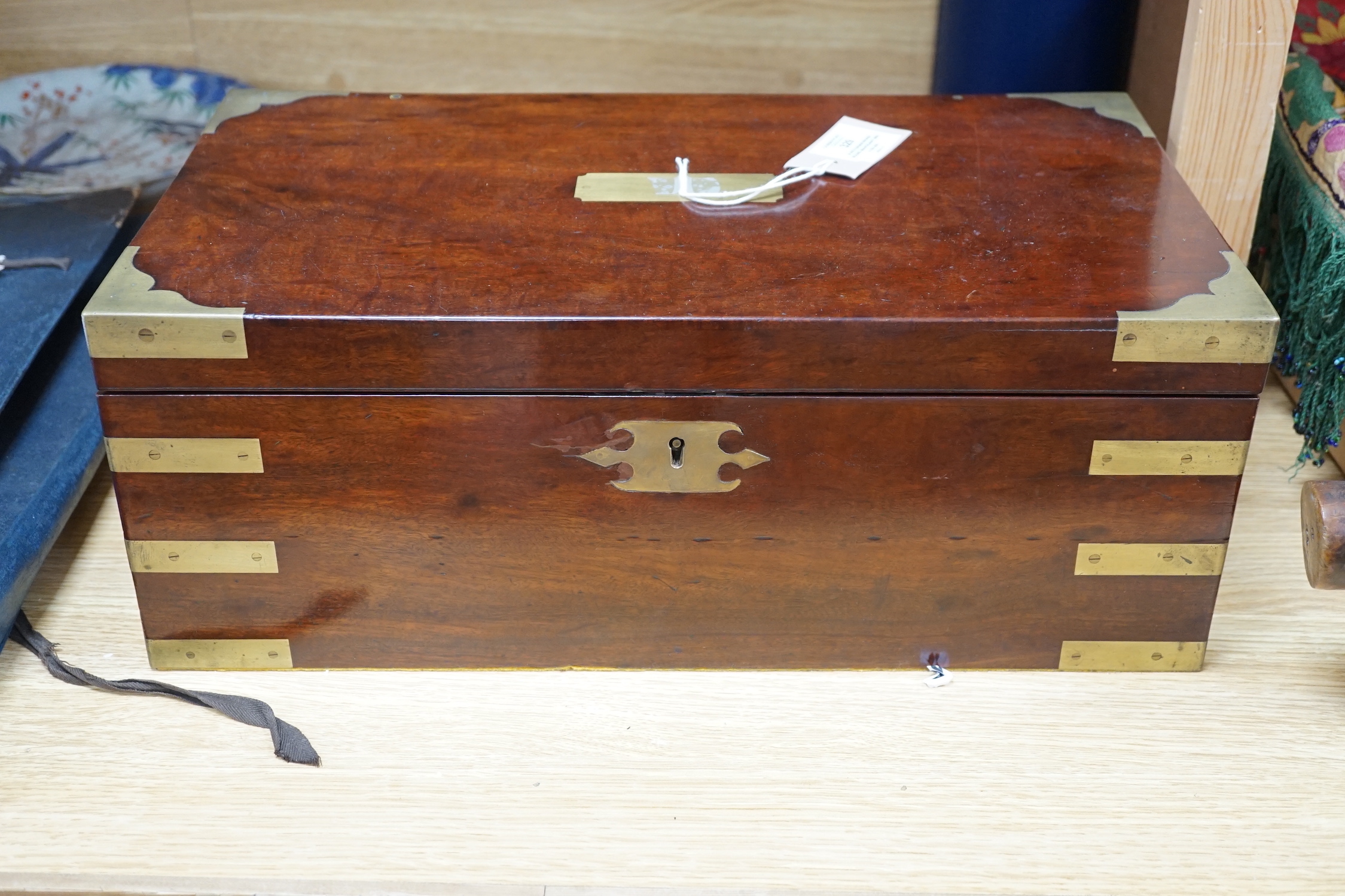 A Victorian brass bound mahogany writing slope, 45cm wide